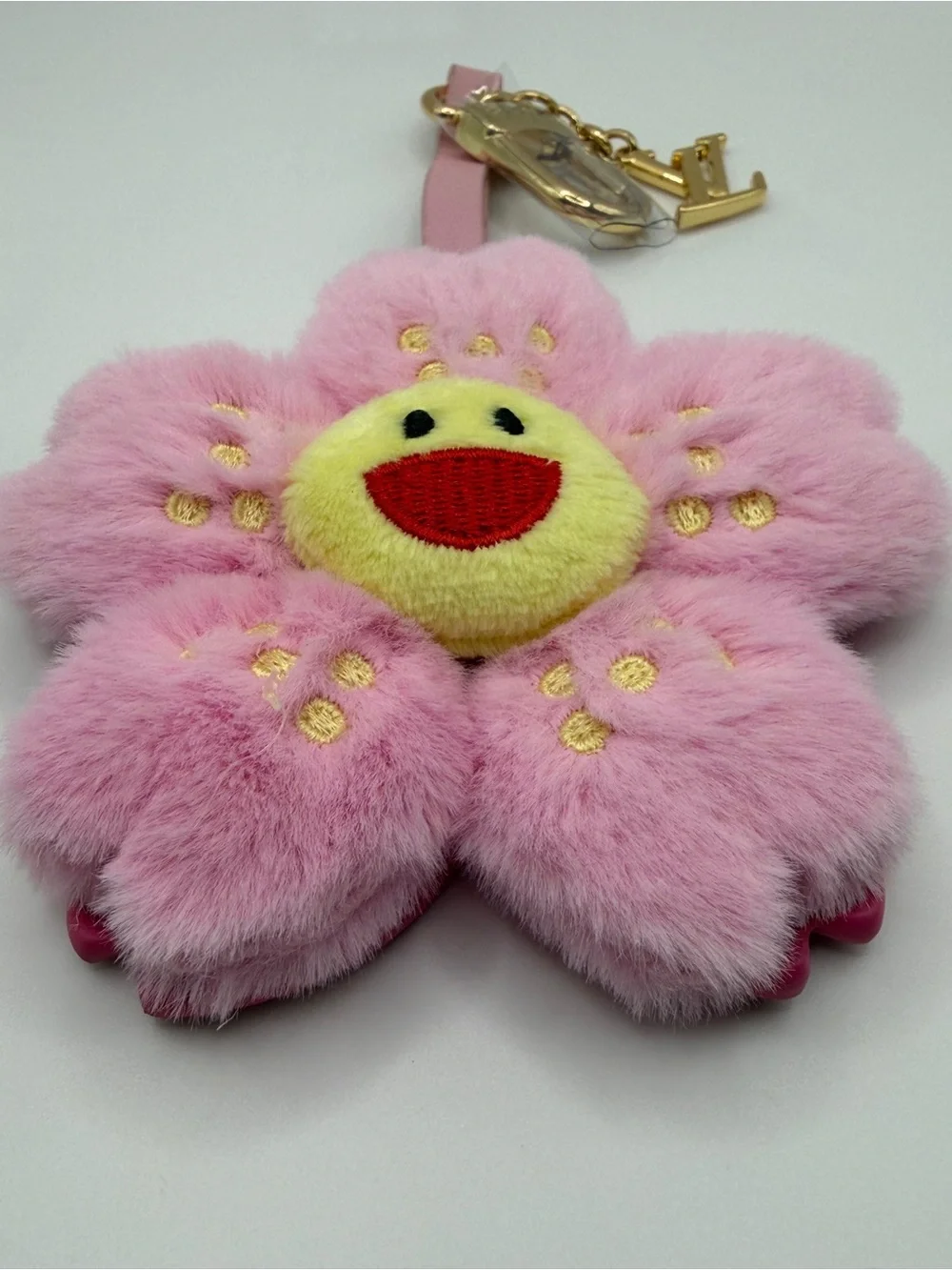 Louis Vuitton Pink Floral Fur Charm with Gold LV Hardware